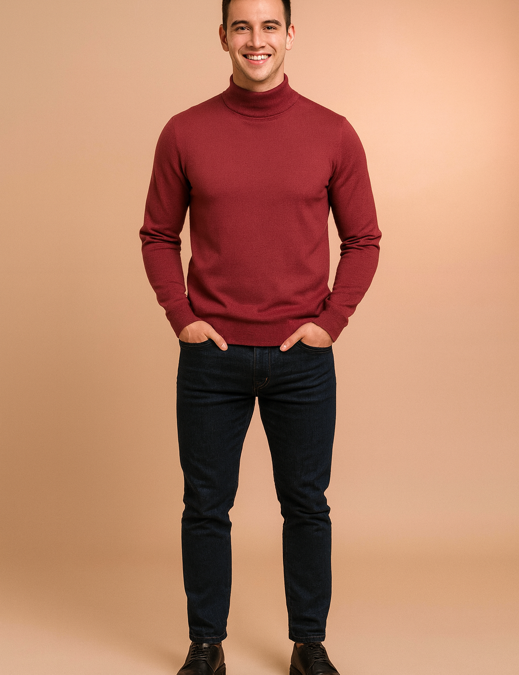 Men’s burgundy turtleneck sweater with slim ribbed cuffs and hem, styled with dark denim jeans and black leather shoes for a smart casual look.