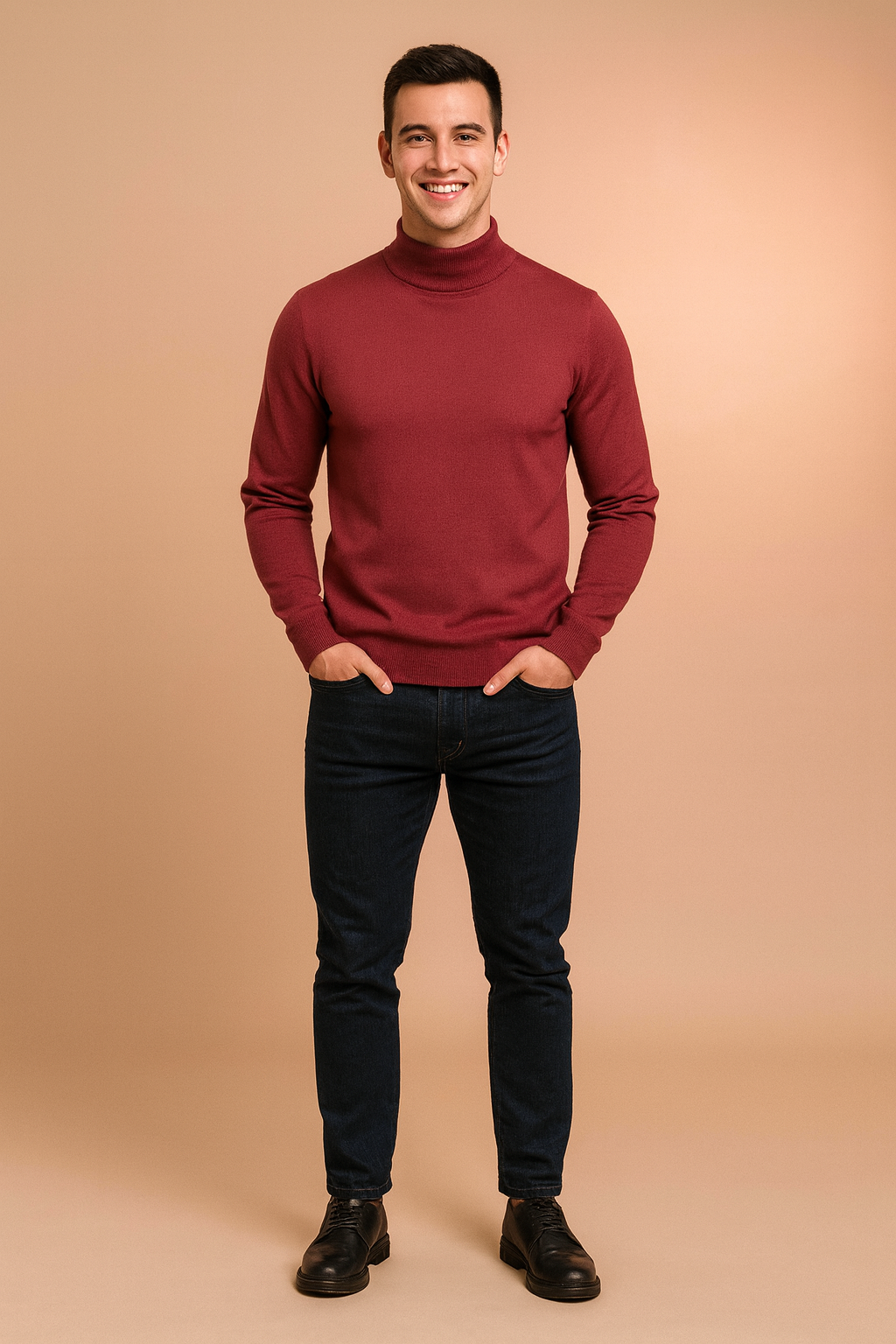 Men’s burgundy turtleneck sweater with slim ribbed cuffs and hem, styled with dark denim jeans and black leather shoes for a smart casual look.