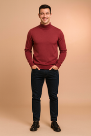 Men’s burgundy turtleneck sweater with slim ribbed cuffs and hem, styled with dark denim jeans and black leather shoes for a smart casual look.