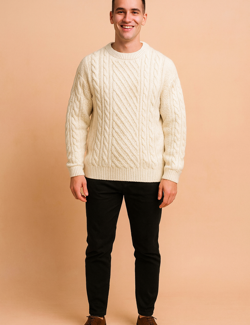 Cream white cable knit sweater featuring intricate braided and diamond patterns, styled for a cozy and classic winter look.