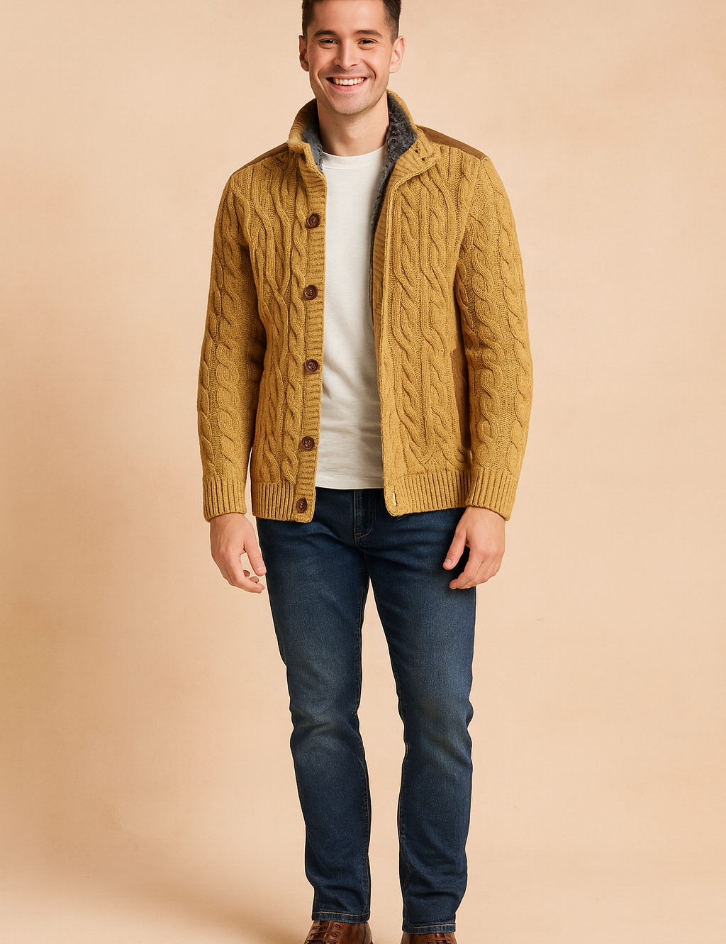 Warm camel-tone cable knit cardigan with a thick textured weave and ribbed cuffs, featuring prominent wood-look buttons and a high stand-up collar lined with plush grey fleece for extra warmth. This stylish men's jacket combines traditional knit patterns with modern inner lining for ultimate winter comfort.