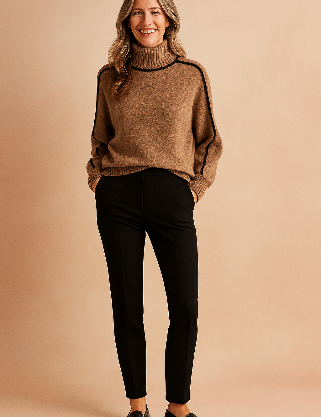 Camel high-neck wool sweater with black piping along the shoulders and sleeves, paired with slim-fit black trousers and classic black loafers.