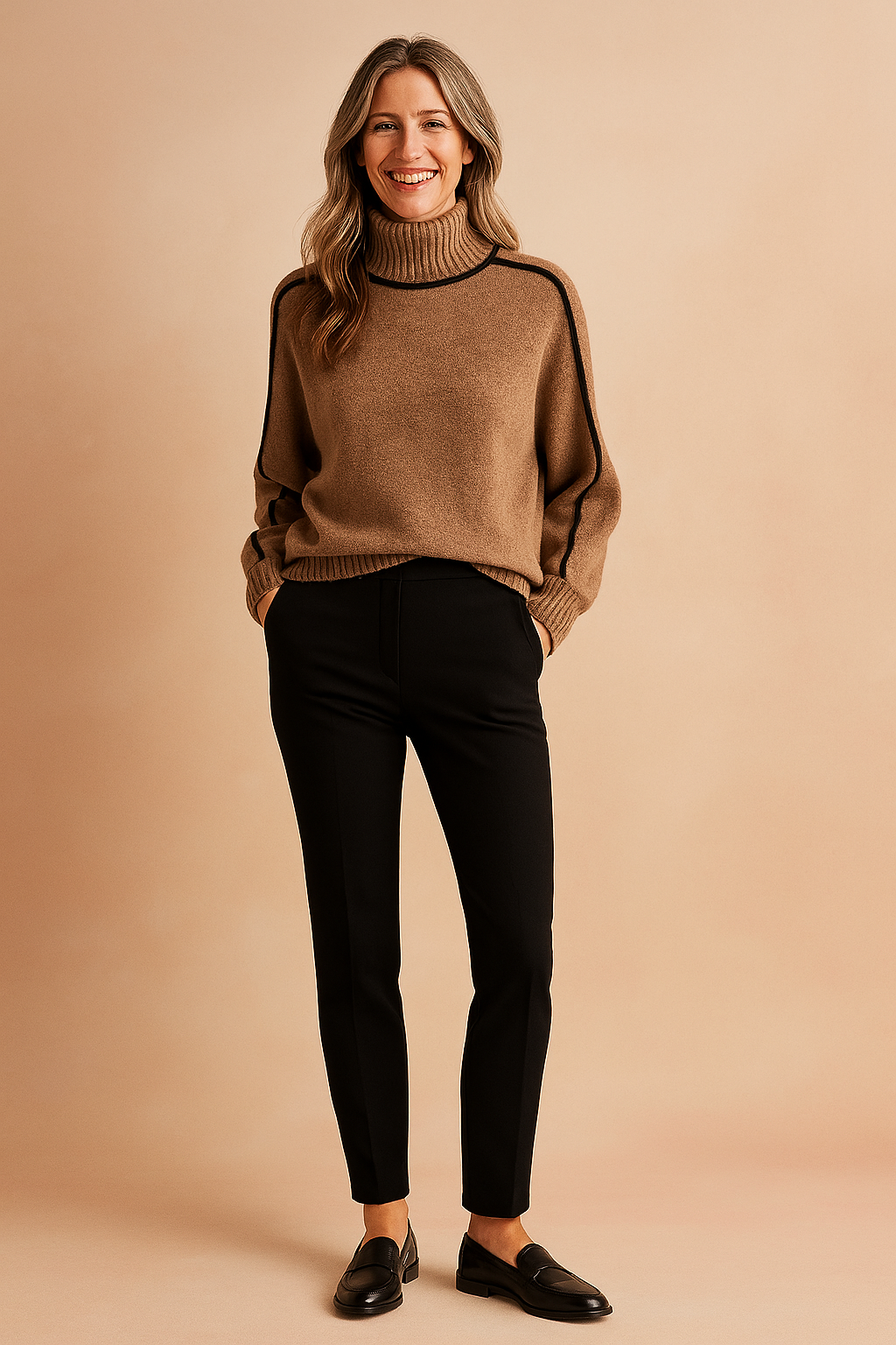 Camel high-neck wool sweater with black piping along the shoulders and sleeves, paired with slim-fit black trousers and classic black loafers.