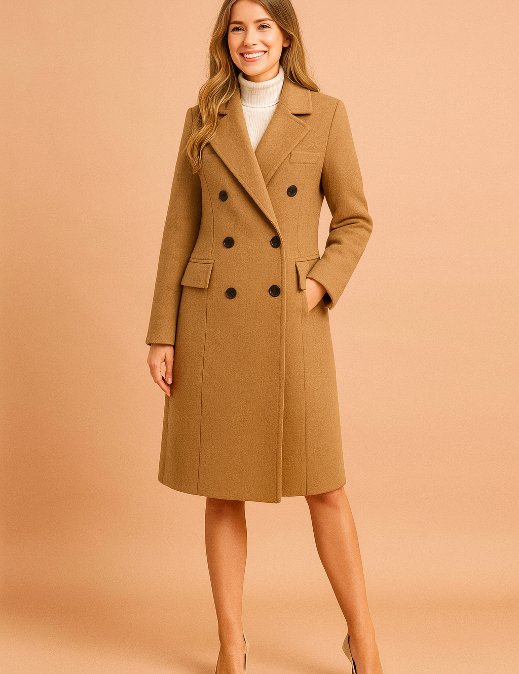 Camel double-breasted wool coat with wide lapels and dark brown buttons, styled with a white turtleneck and beige heels.