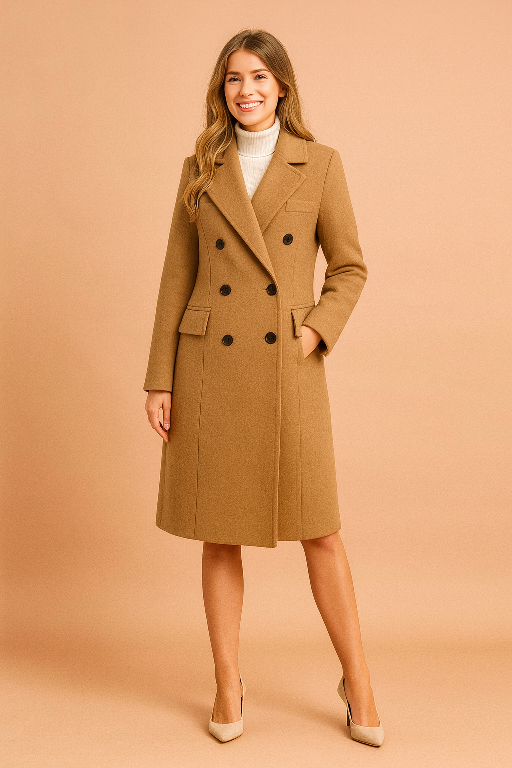 Camel double-breasted wool coat with wide lapels and dark brown buttons, styled with a white turtleneck and beige heels.