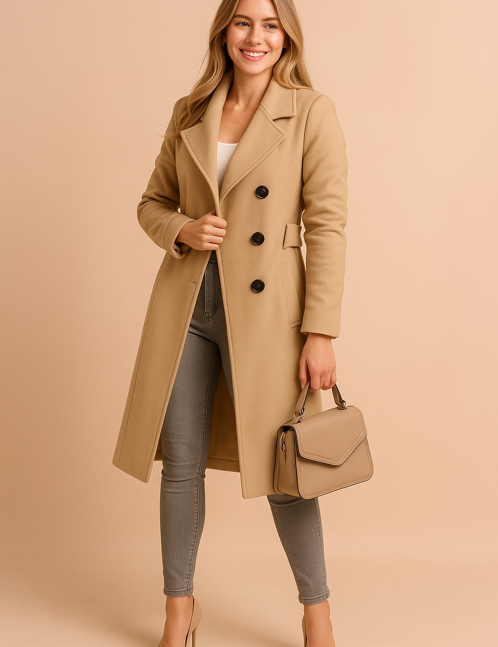 Camel double-breasted wool coat with black buttons styled over a white top, paired with gray skinny jeans, beige heels, and a structured handbag.