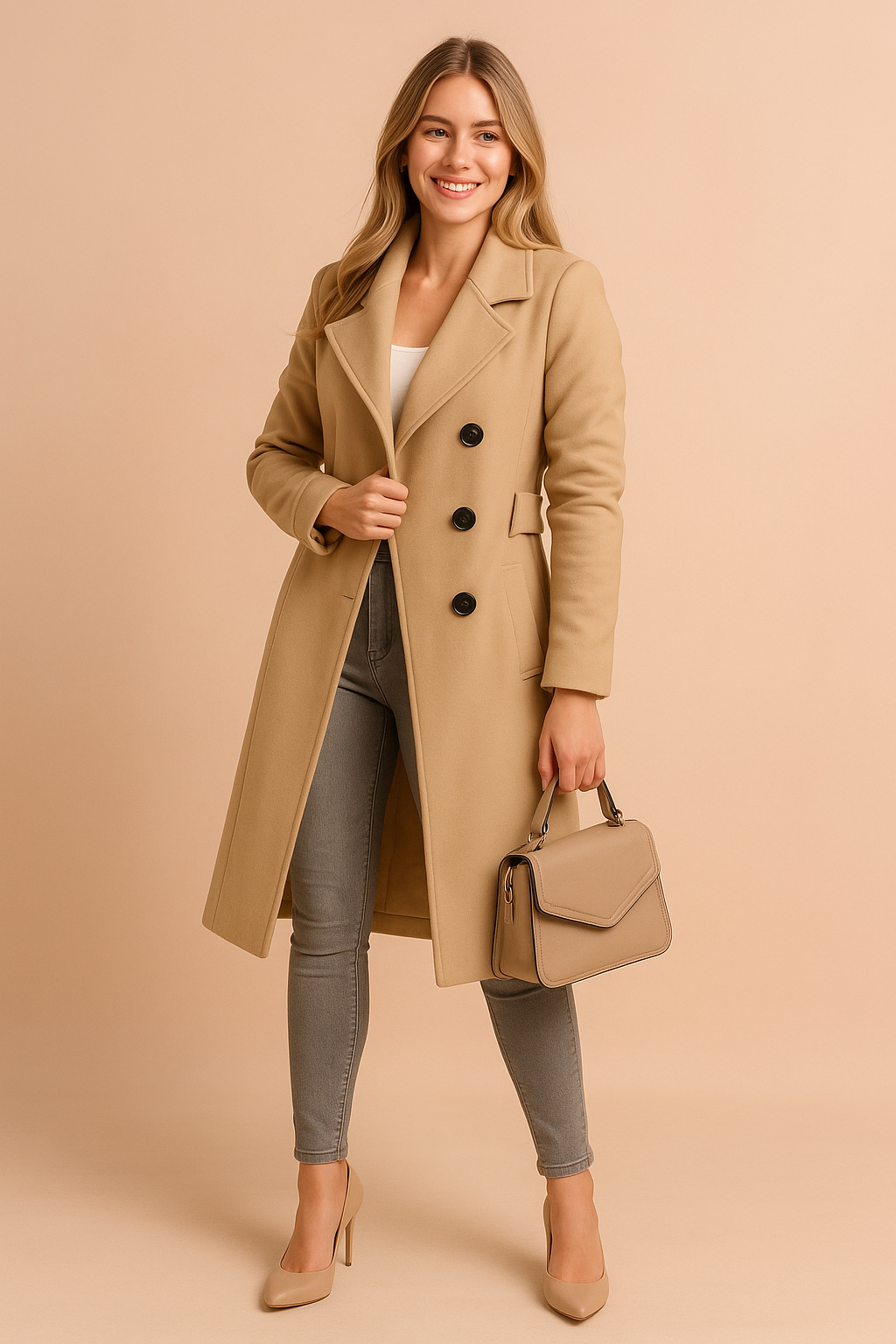 Camel double-breasted wool coat with black buttons styled over a white top, paired with gray skinny jeans, beige heels, and a structured handbag.