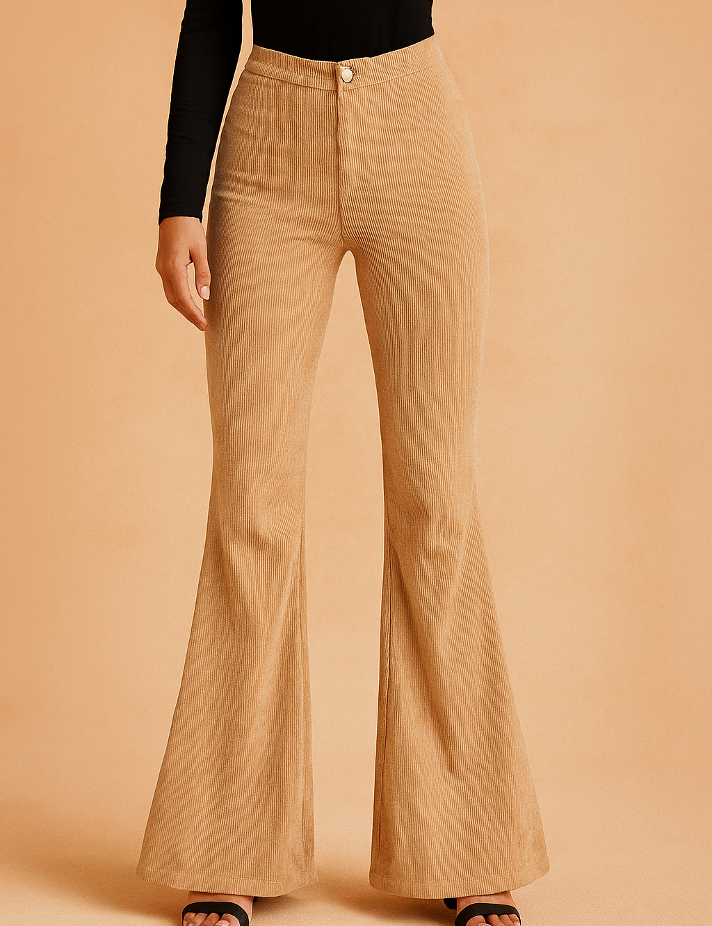 High-waisted camel corduroy flare pants with a fitted top block, clean front closure, and wide flared legs, styled with black open-toe heels.