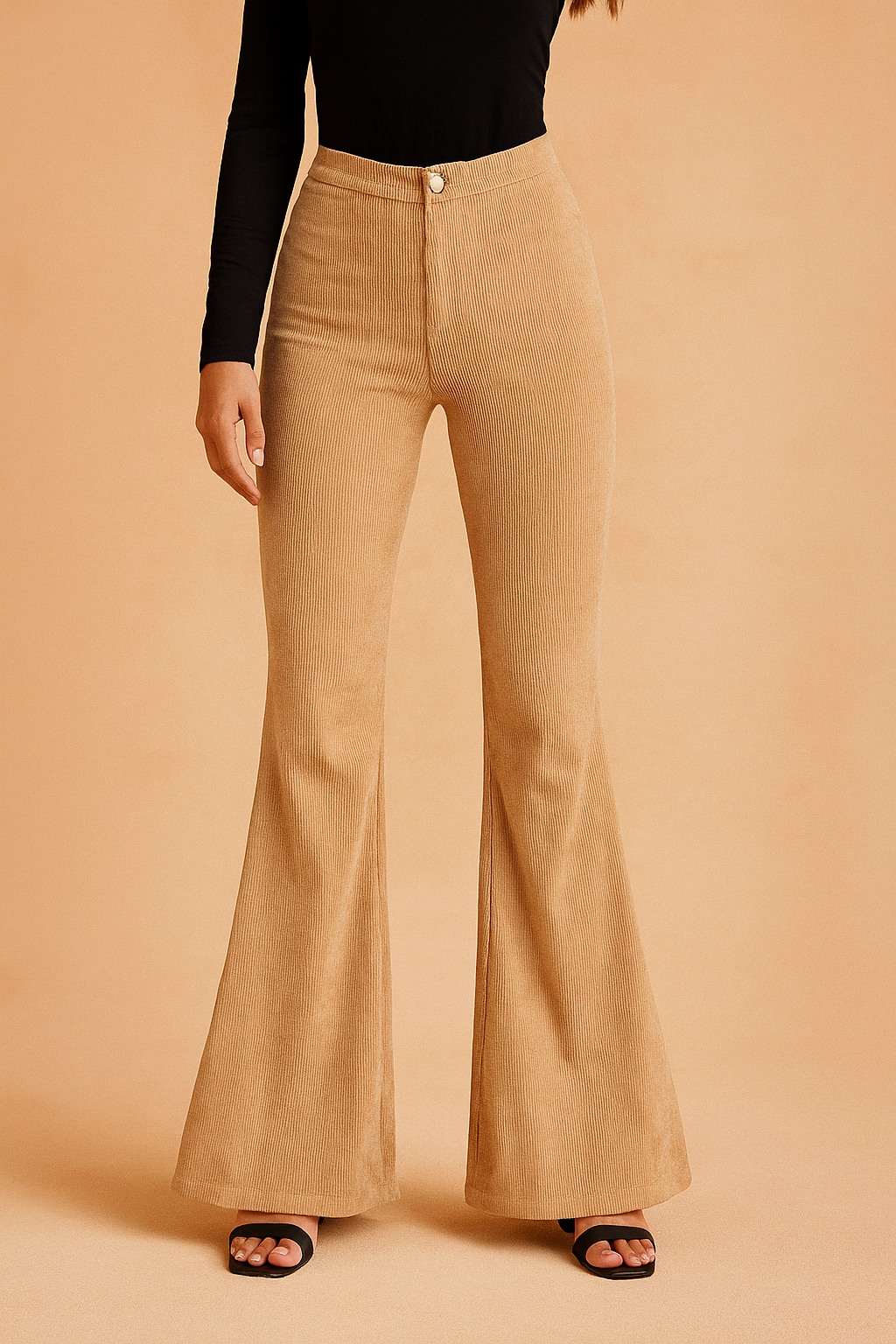 High-waisted camel corduroy flare pants with a fitted top block, clean front closure, and wide flared legs, styled with black open-toe heels.