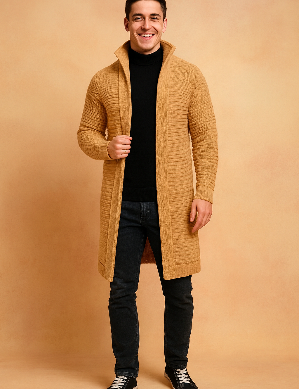 Camel-colored long knit cardigan with ribbed pattern, styled over a black turtleneck and dark jeans, paired with casual black sneakers.