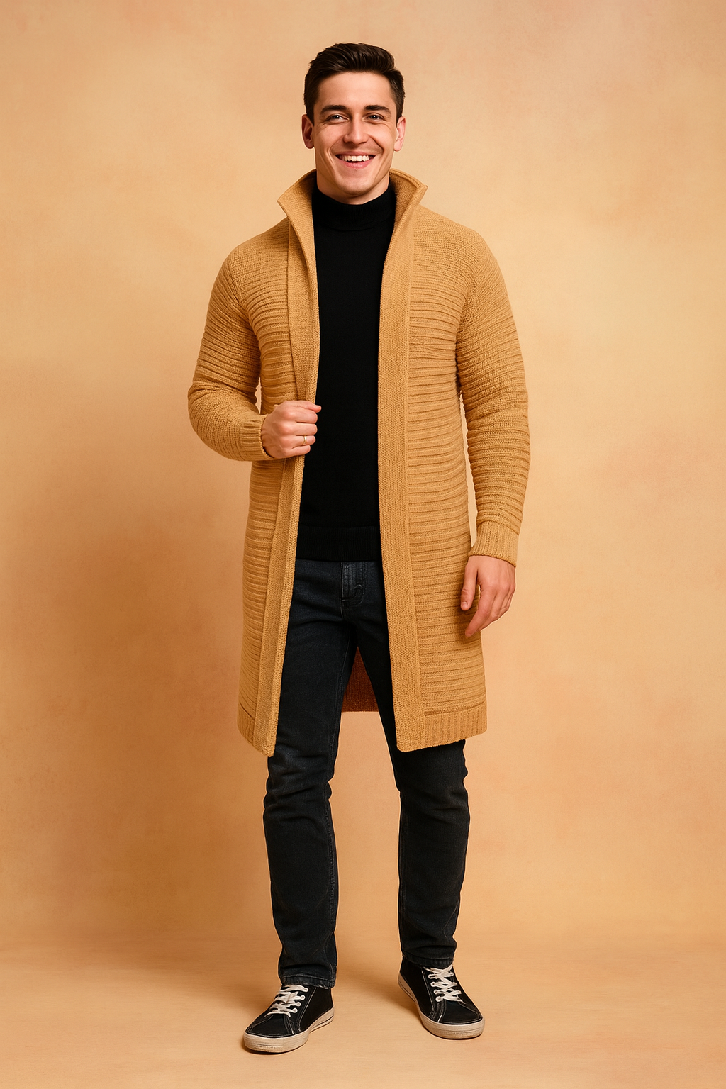 Camel-colored long knit cardigan with ribbed pattern, styled over a black turtleneck and dark jeans, paired with casual black sneakers.