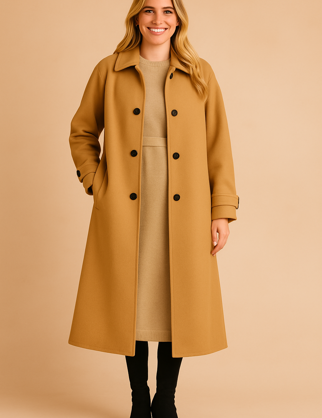 Long camel coat with button closure and straight silhouette styled over a beige dress with black boots