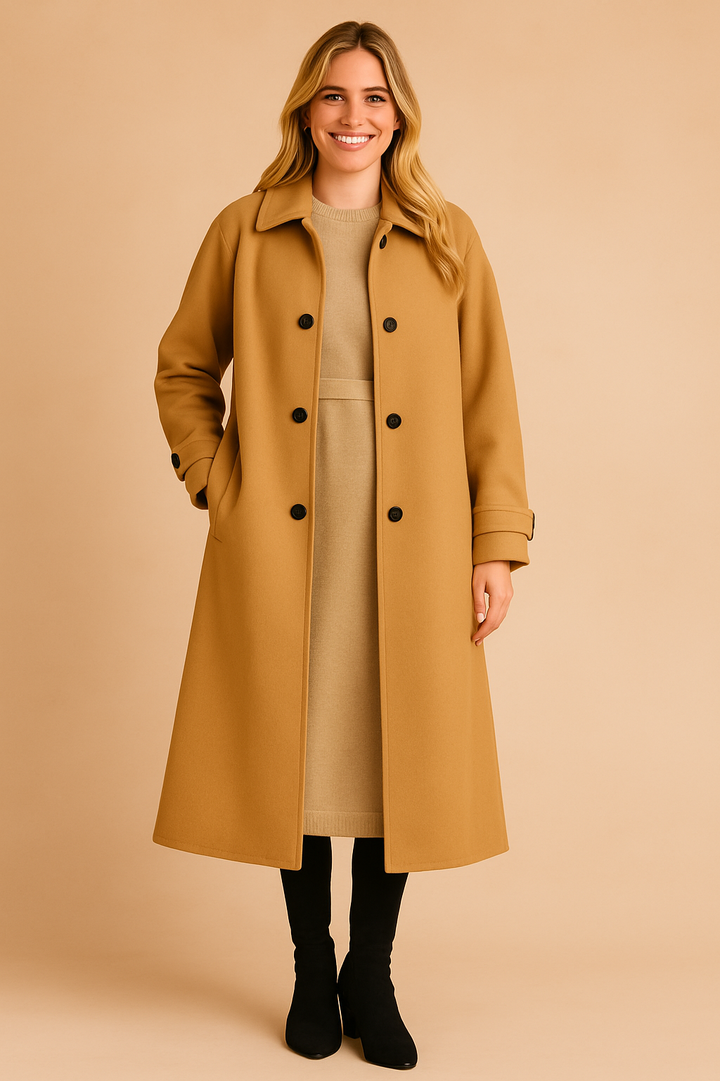 Long camel coat with button closure and straight silhouette styled over a beige dress with black boots