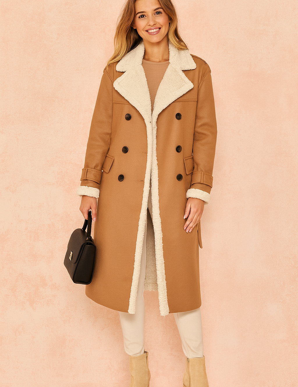 Camel shearling-lined trench coat with wide lapels and double-breasted button closure, styled with beige pants, suede ankle boots, and a structured handbag.