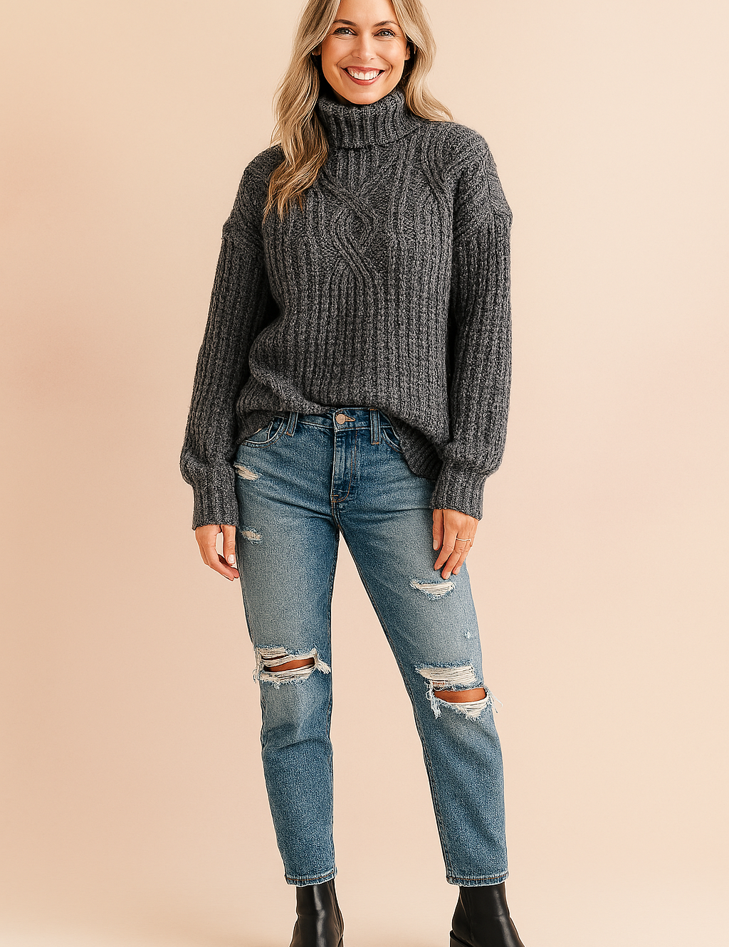 Charcoal grey chunky cable-knit turtleneck sweater paired with light blue distressed denim jeans and black ankle boots.