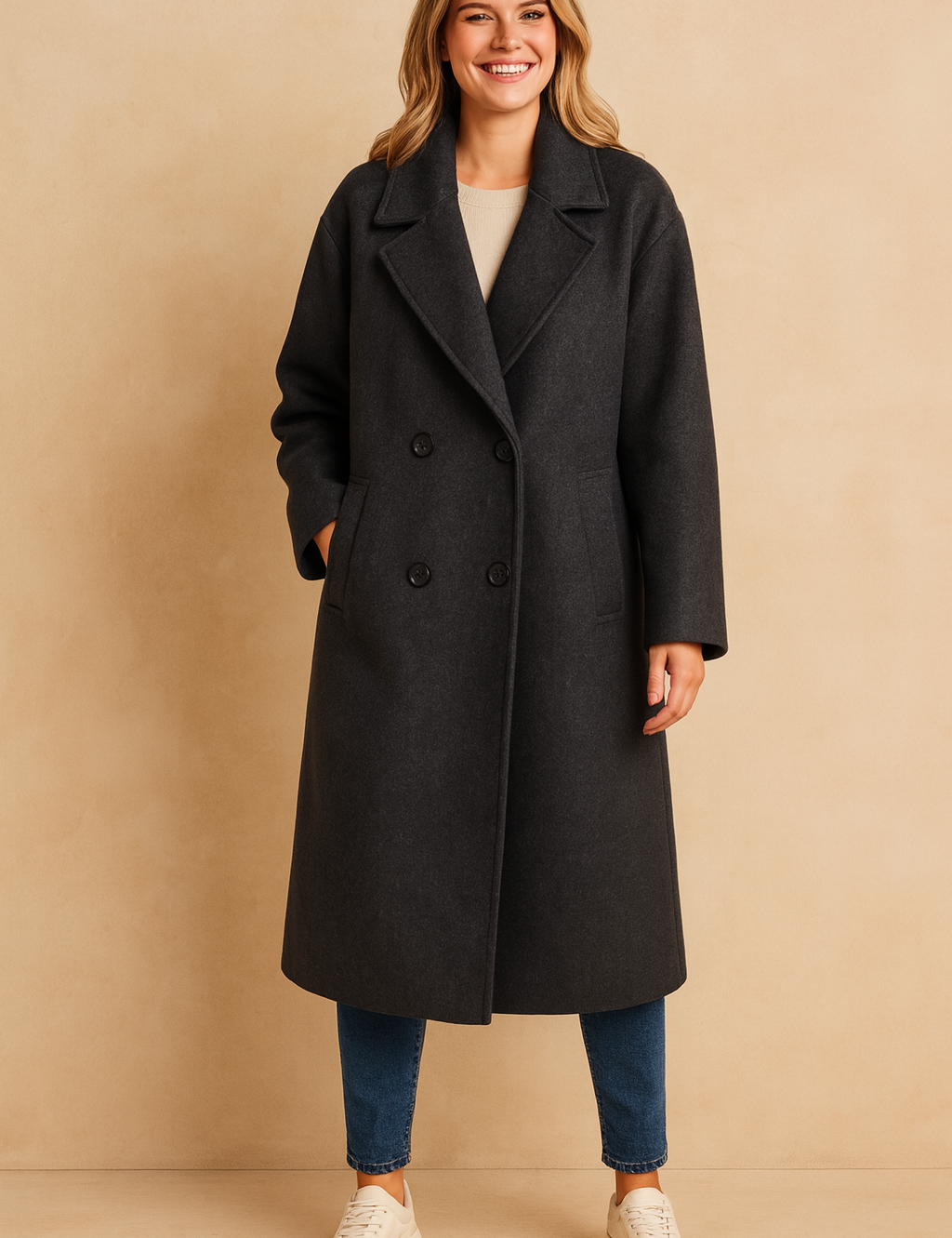 Charcoal gray double-breasted long coat with wide lapel collar and front welt pockets, styled for a timeless winter look.