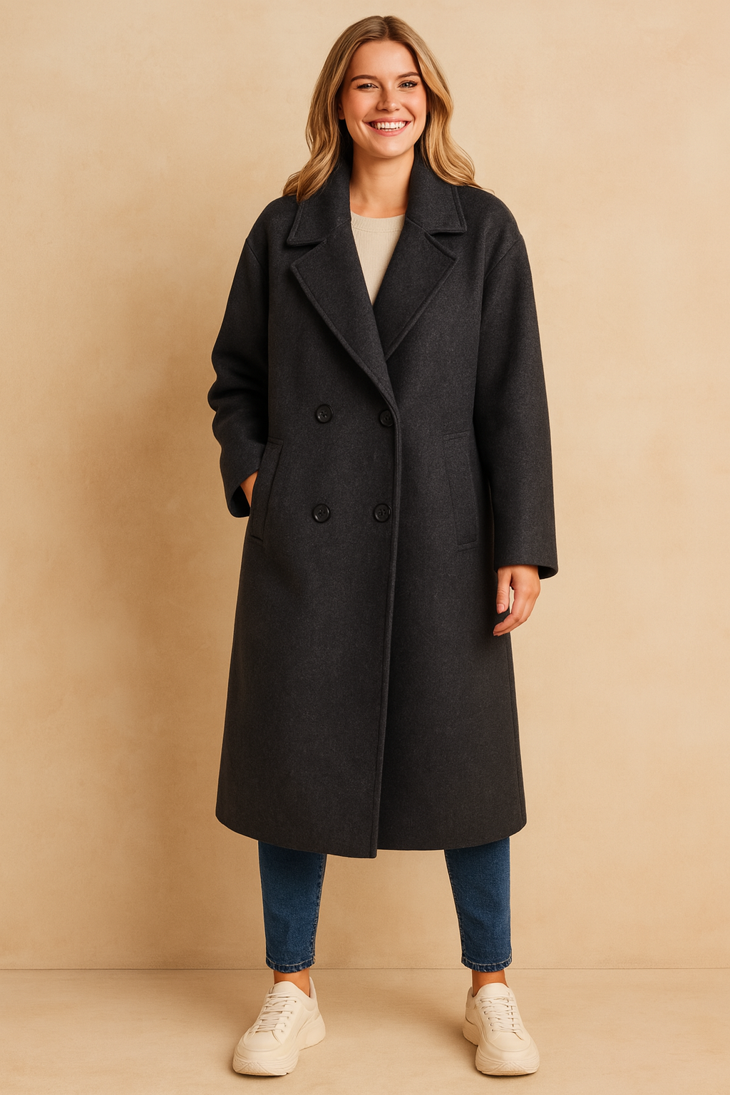 Charcoal gray double-breasted long coat with wide lapel collar and front welt pockets, styled for a timeless winter look.
