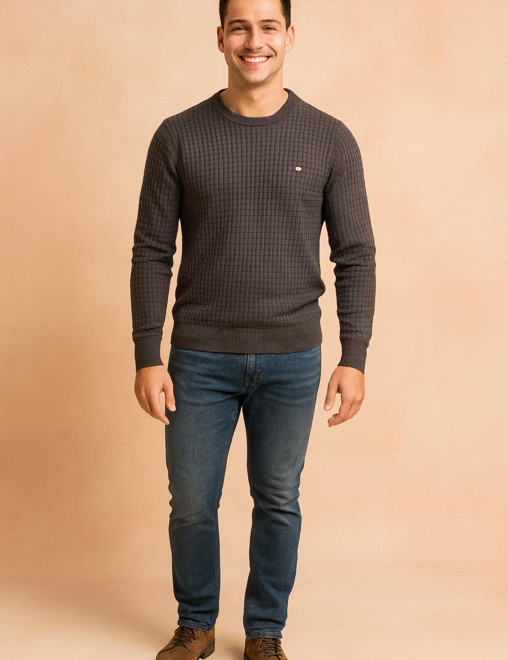 Men’s charcoal grey crewneck sweater with textured square knit pattern, slim fit design, long sleeves, and ribbed cuffs and hem for a modern casual look.