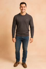Men’s charcoal grey crewneck sweater with textured square knit pattern, slim fit design, long sleeves, and ribbed cuffs and hem for a modern casual look.