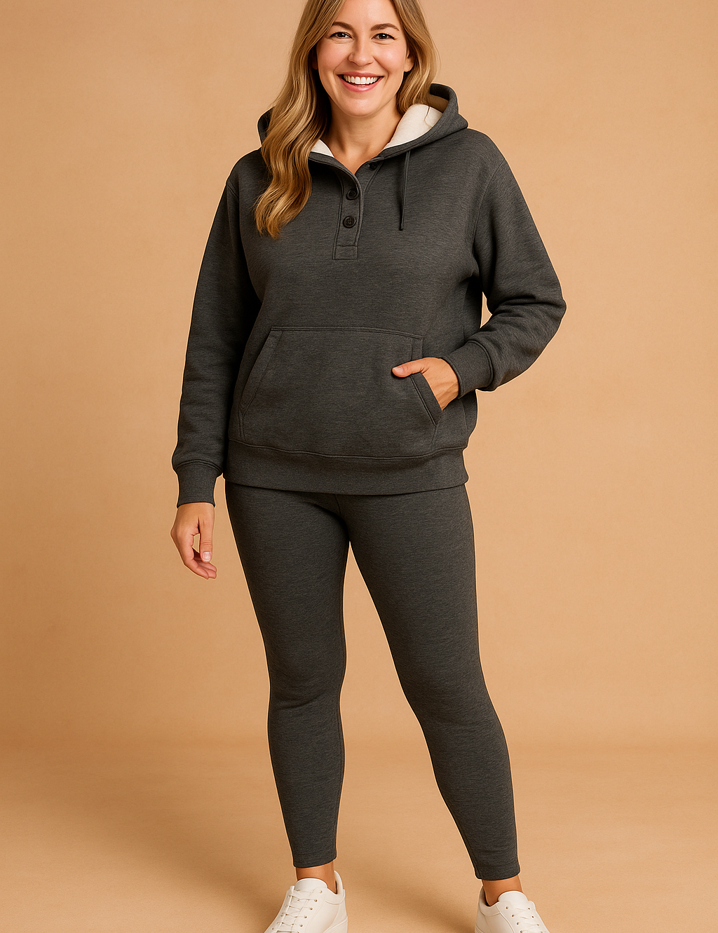 Charcoal grey two-piece lounge set with a buttoned hoodie and fitted leggings made of soft knit fabric, styled with white low-top sneakers.