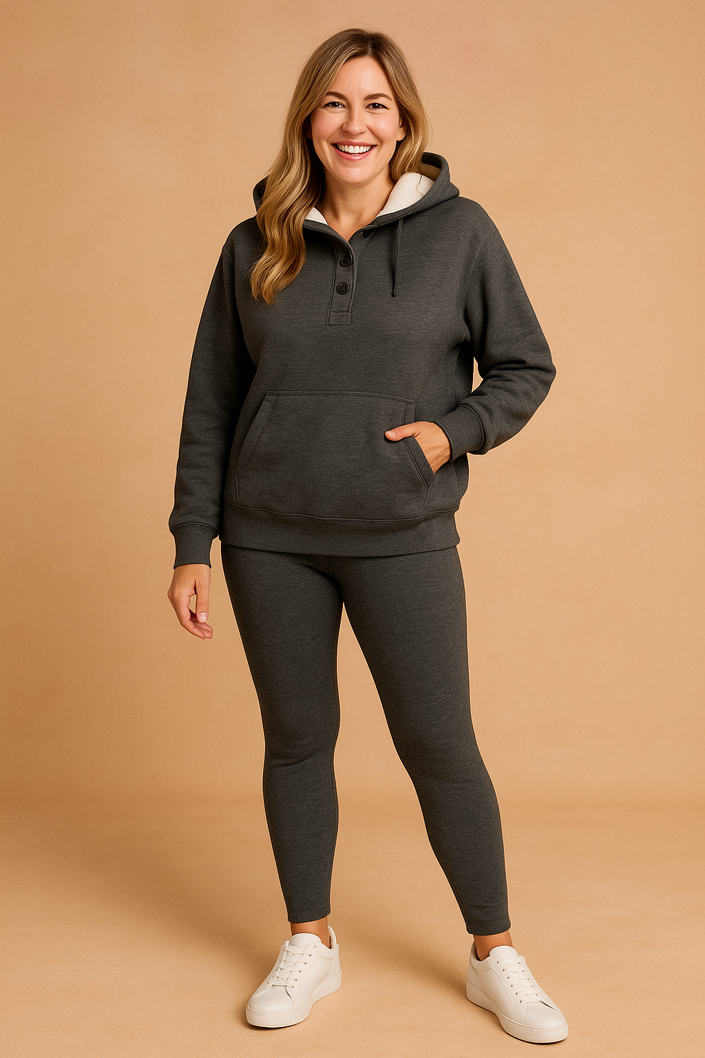Charcoal grey two-piece lounge set with a buttoned hoodie and fitted leggings made of soft knit fabric, styled with white low-top sneakers.