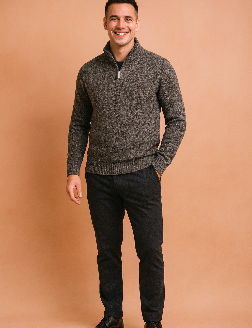 Textured charcoal gray quarter-zip pullover sweater with ribbed cuffs and hem, styled for casual winter fashion.
