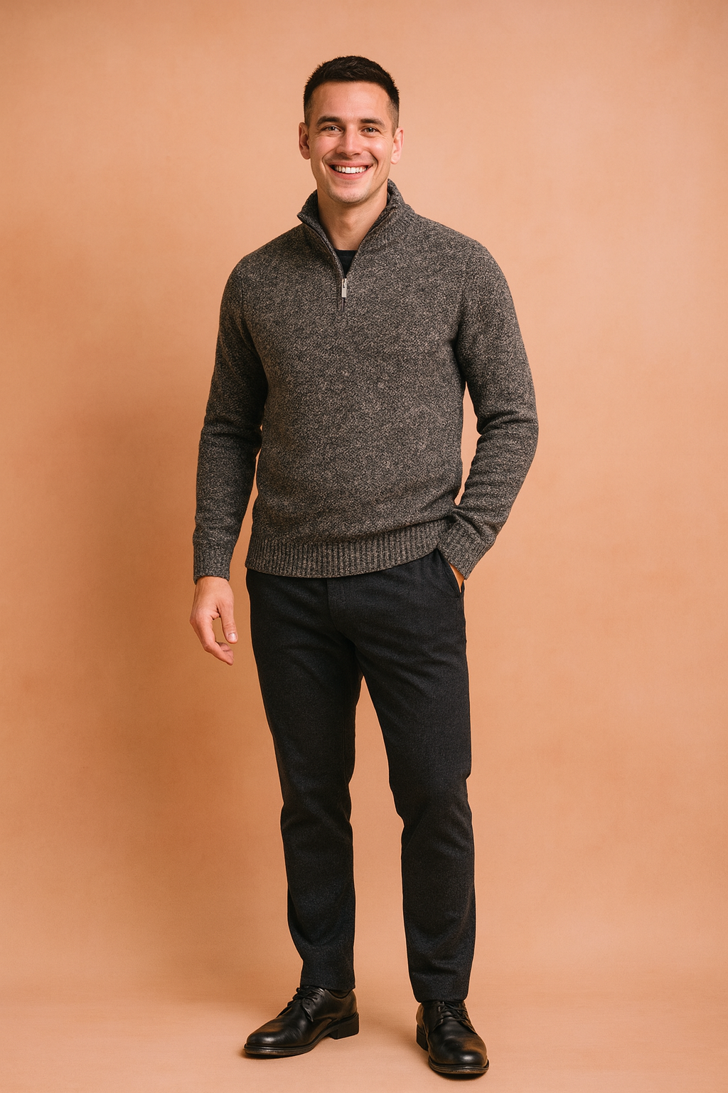 Textured charcoal gray quarter-zip pullover sweater with ribbed cuffs and hem, styled for casual winter fashion.