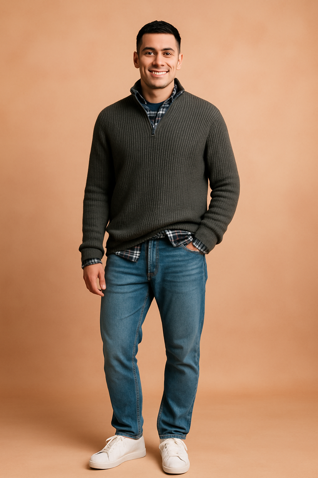 Men’s charcoal gray ribbed quarter-zip sweater layered over a navy plaid button-up shirt, styled with medium wash denim jeans and white sneakers.