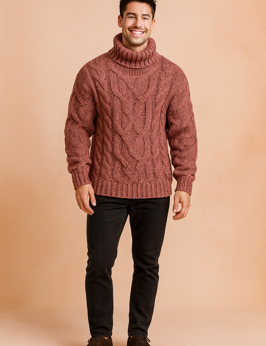 Men’s chunky knit turtleneck sweater in warm rose-brown with intricate cable pattern, designed for casual winter wear and cozy layered styling.