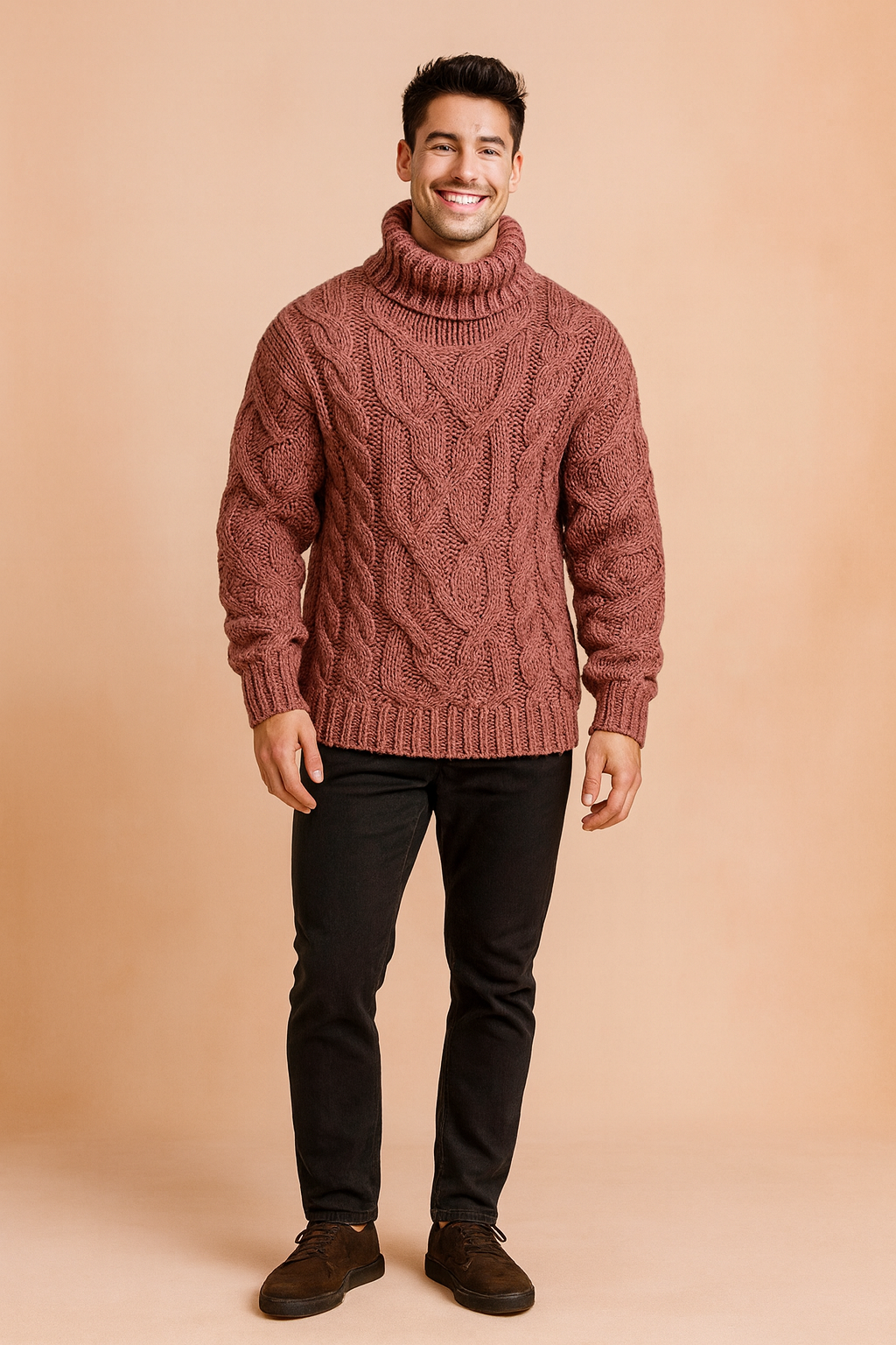 Men’s chunky knit turtleneck sweater in warm rose-brown with intricate cable pattern, designed for casual winter wear and cozy layered styling.