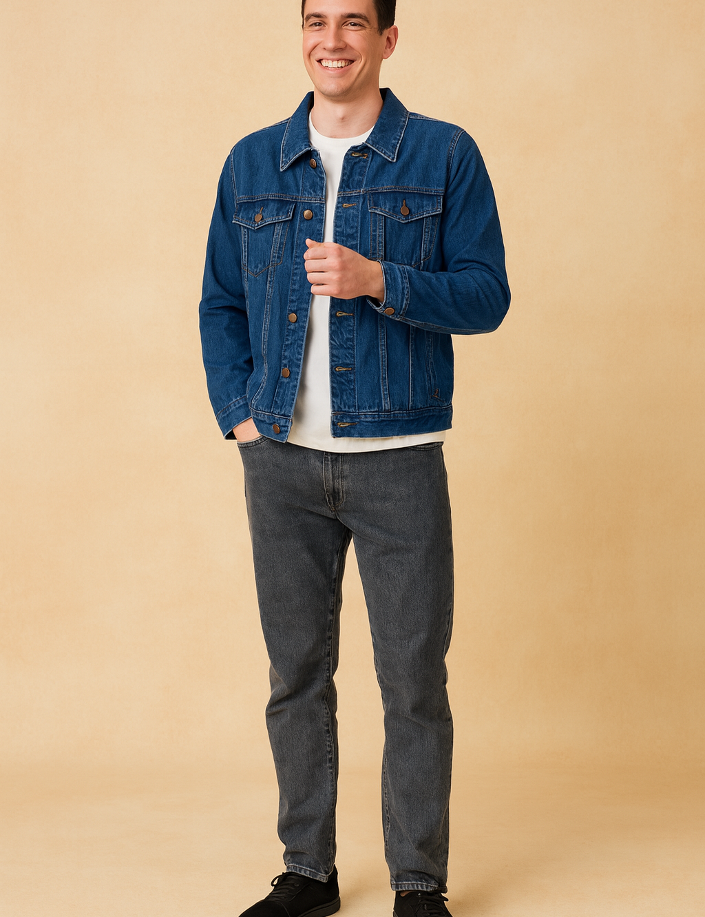 Classic blue denim jacket with button-up front, flap chest pockets, and a structured cut, paired with black pants for a timeless casual look.