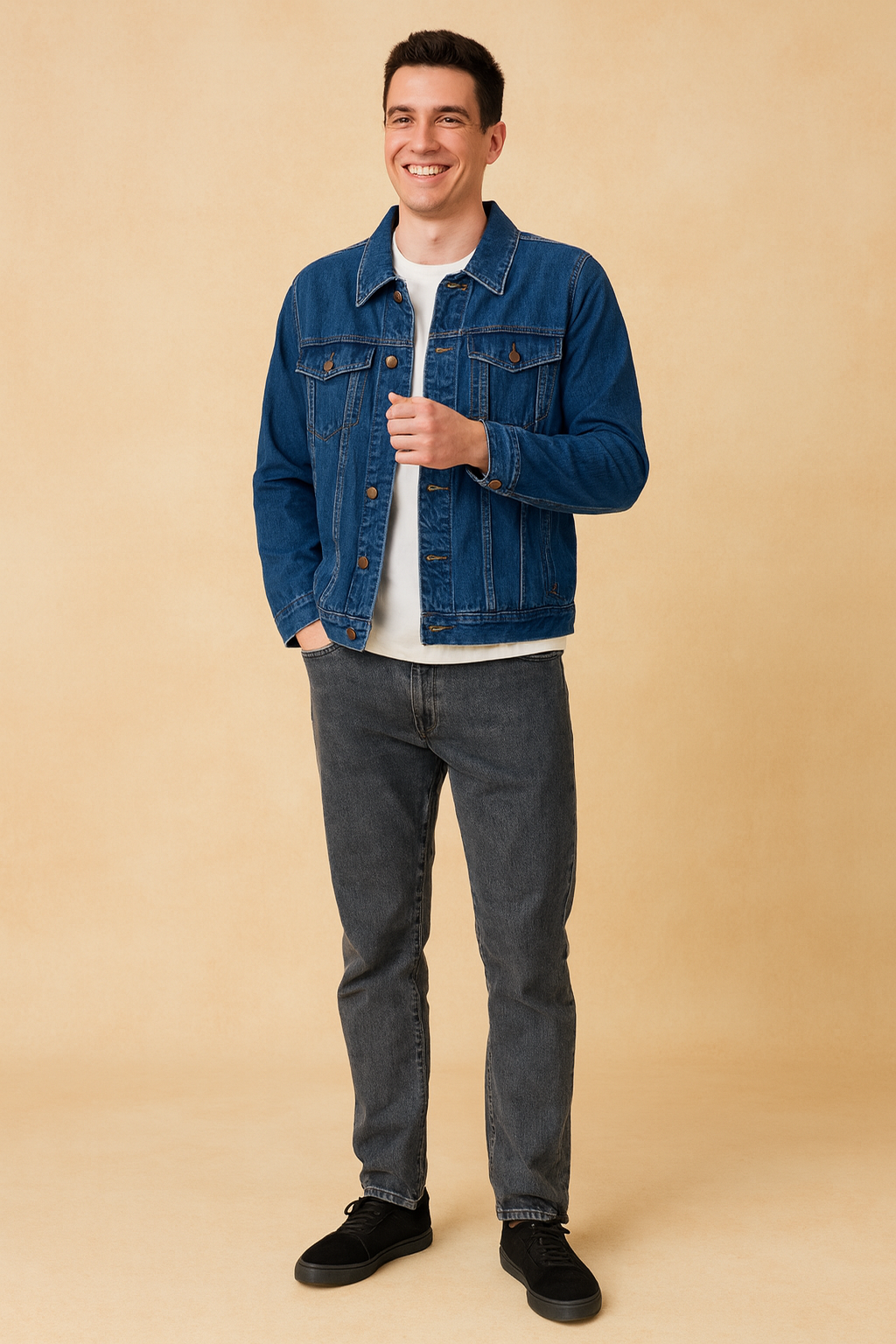 Classic blue denim jacket with button-up front, flap chest pockets, and a structured cut, paired with black pants for a timeless casual look.