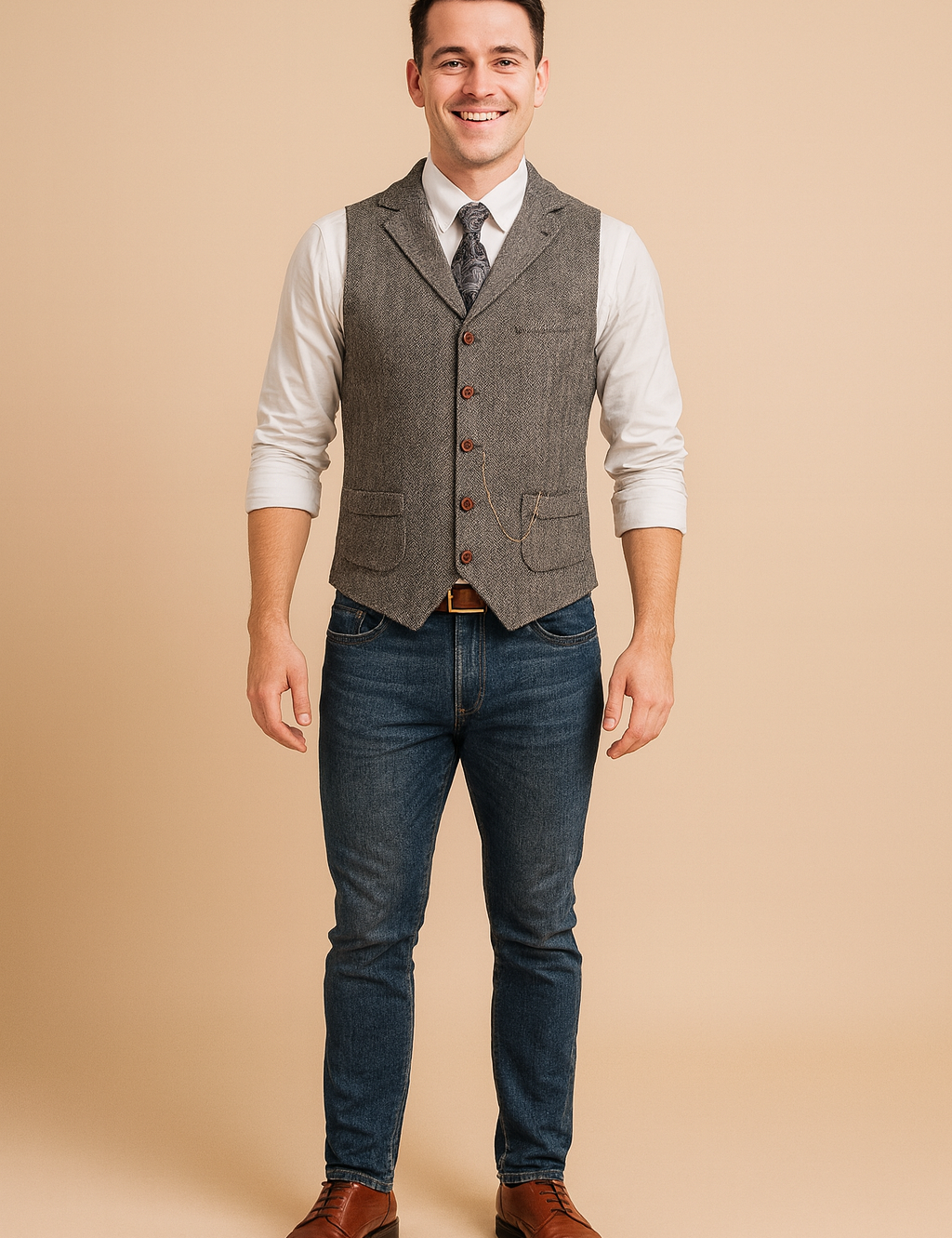 Classic men’s herringbone vest in grey with button closure, front flap pockets, and tailored fit, styled over a crisp white shirt with a patterned tie for a refined vintage look