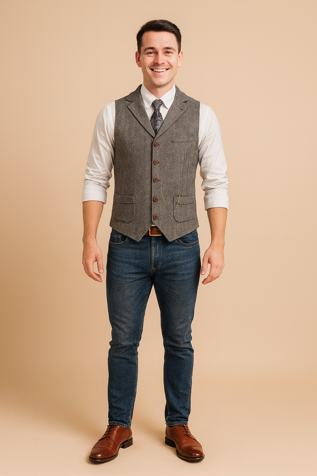 Classic men’s herringbone vest in grey with button closure, front flap pockets, and tailored fit, styled over a crisp white shirt with a patterned tie for a refined vintage look