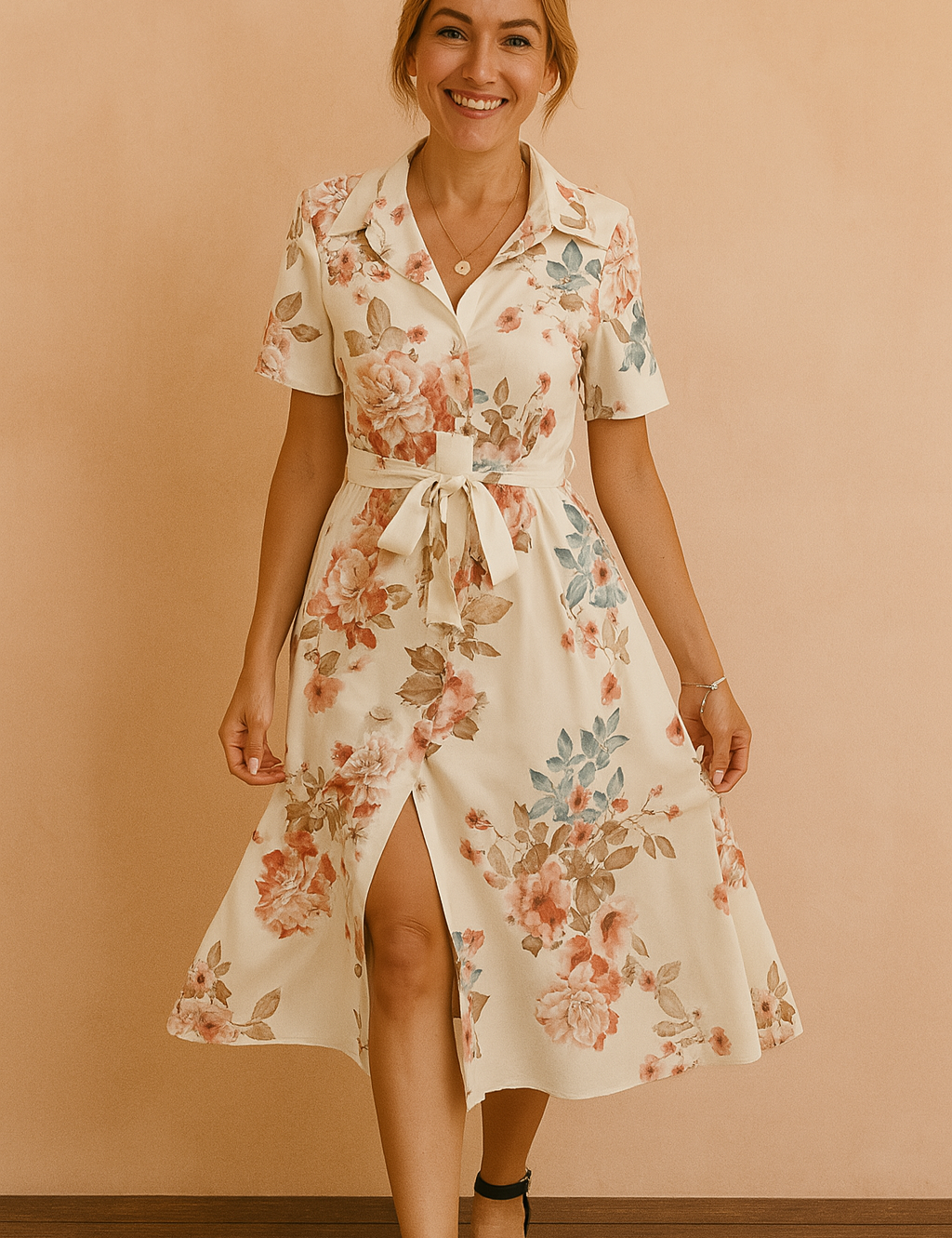 Cream-colored midi shirt dress with short sleeves, a collared neckline, and tie-front waist, showcasing a soft rose print in coral, muted blue, and tan shades, finished with front buttons and a side slit.