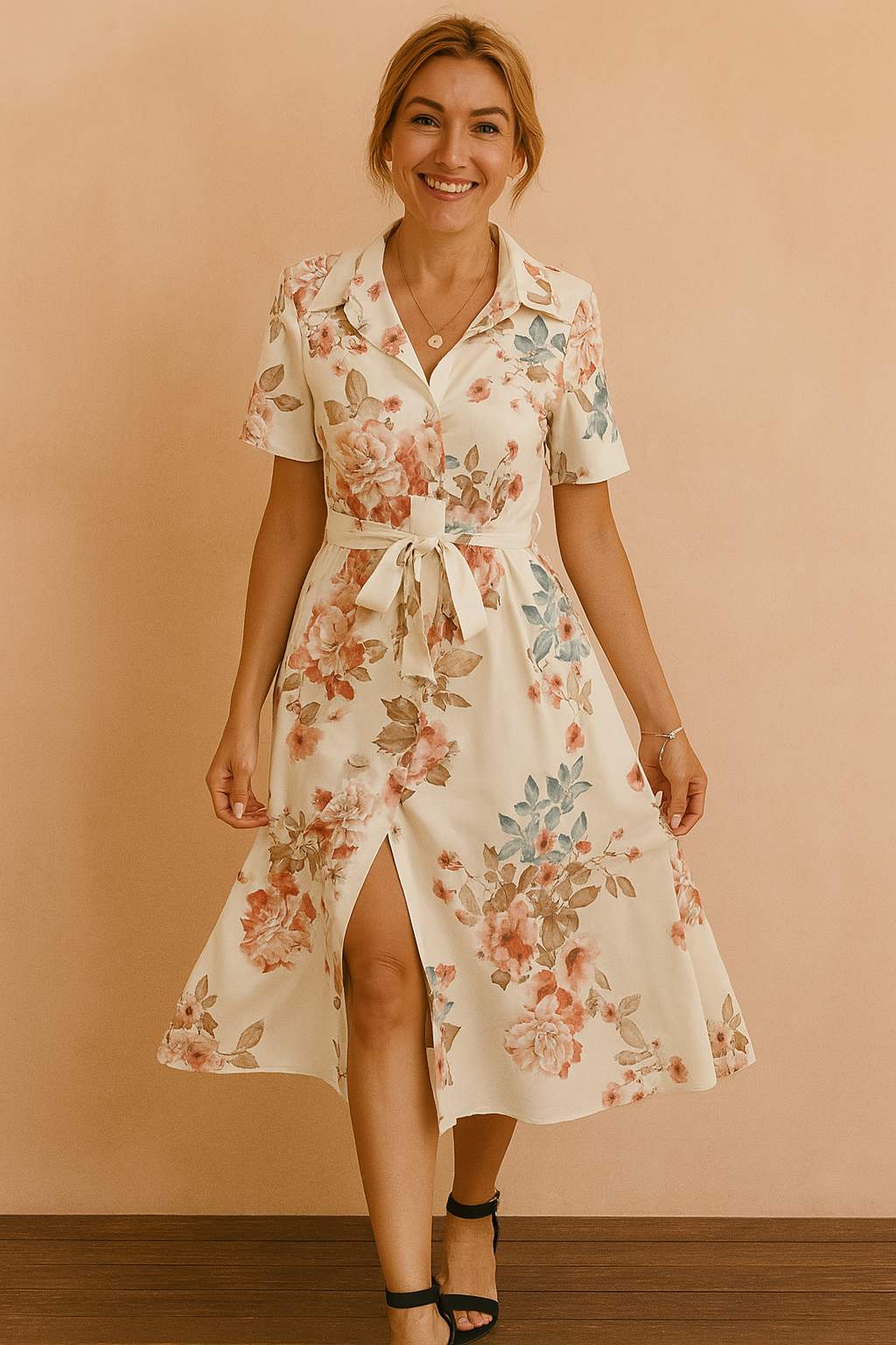 Cream-colored midi shirt dress with short sleeves, a collared neckline, and tie-front waist, showcasing a soft rose print in coral, muted blue, and tan shades, finished with front buttons and a side slit.