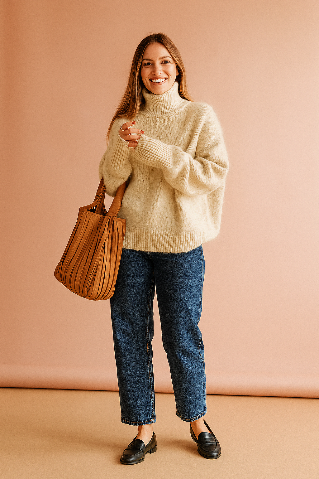 Cream ribbed turtleneck sweater with dropped shoulders and oversized sleeves paired with dark straight-leg denim jeans and a caramel pleated leather tote bag