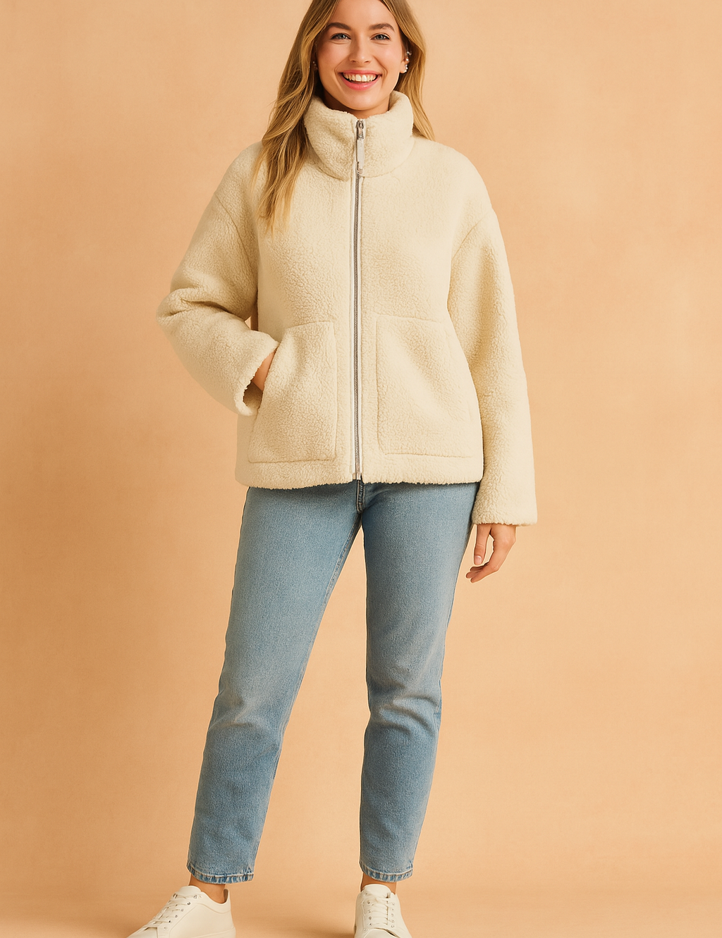 Cream sherpa zip-up jacket with high collar and front patch pockets, styled with light blue jeans and white sneakers for a cozy casual outfit.