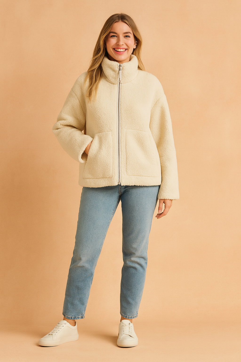 Cream sherpa zip-up jacket with high collar and front patch pockets, styled with light blue jeans and white sneakers for a cozy casual outfit.