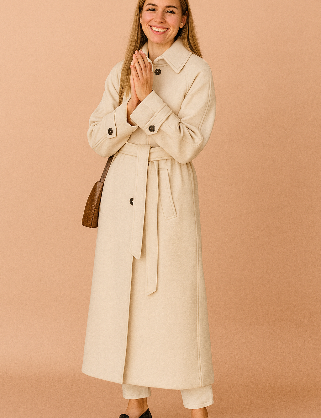 Cream long trench coat with waist tie belt, button details, and structured cuffs styled over white trousers and black loafers.