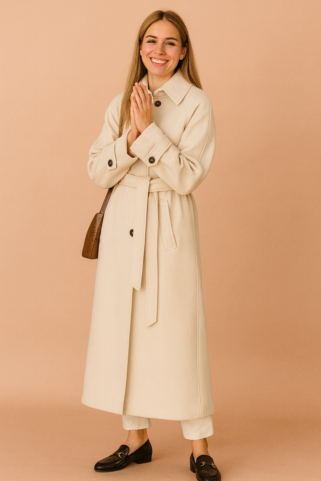 Cream long trench coat with waist tie belt, button details, and structured cuffs styled over white trousers and black loafers.