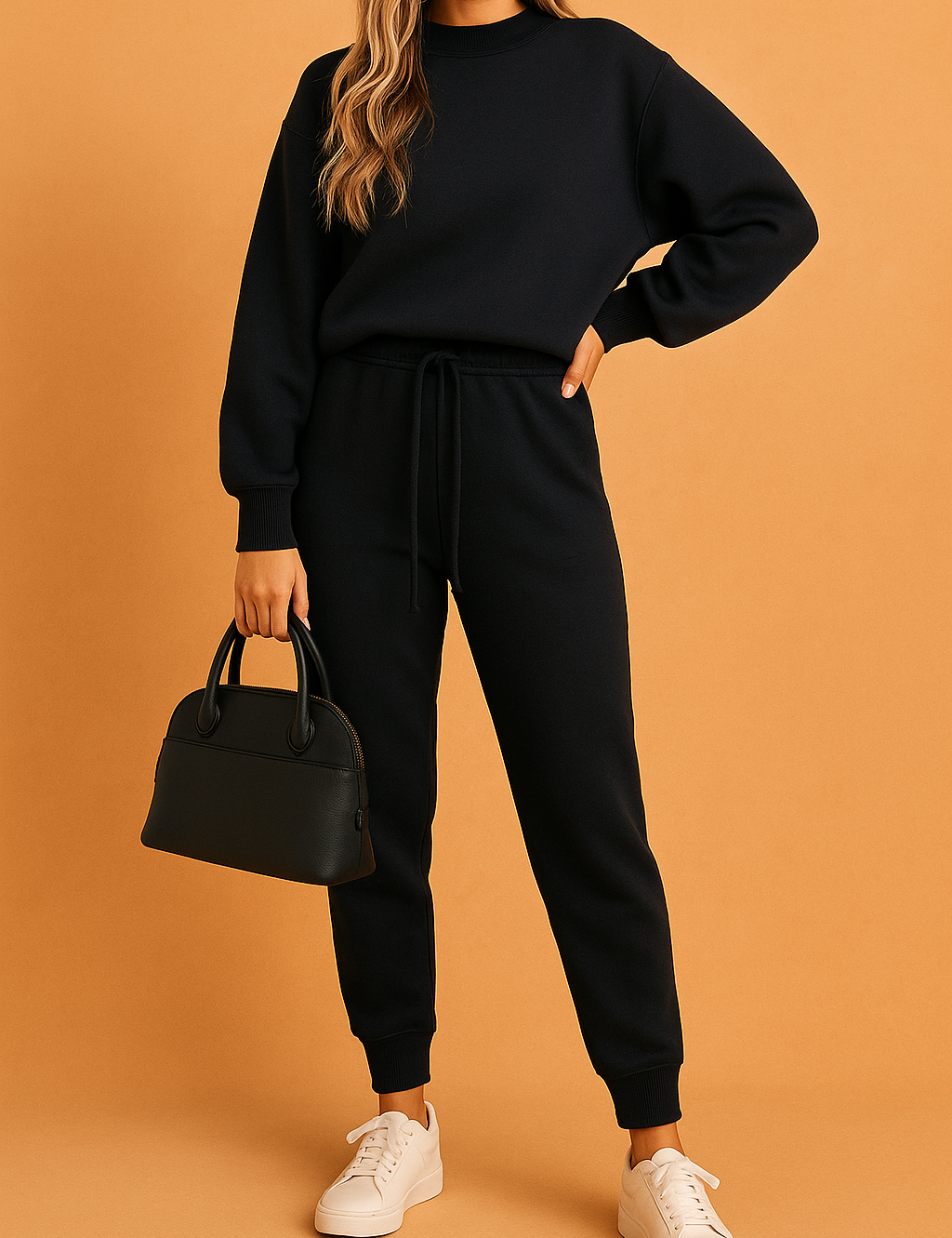 Dark blue lounge co-ord set with oversized long-sleeve top and joggers, styled with a structured black handbag and white sneakers, set against an orange sandy studio backdrop.