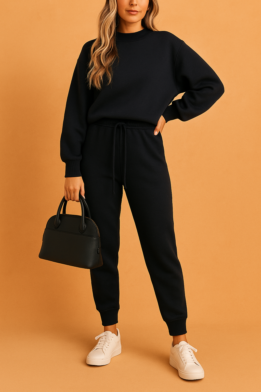 Dark blue lounge co-ord set with oversized long-sleeve top and joggers, styled with a structured black handbag and white sneakers, set against an orange sandy studio backdrop.