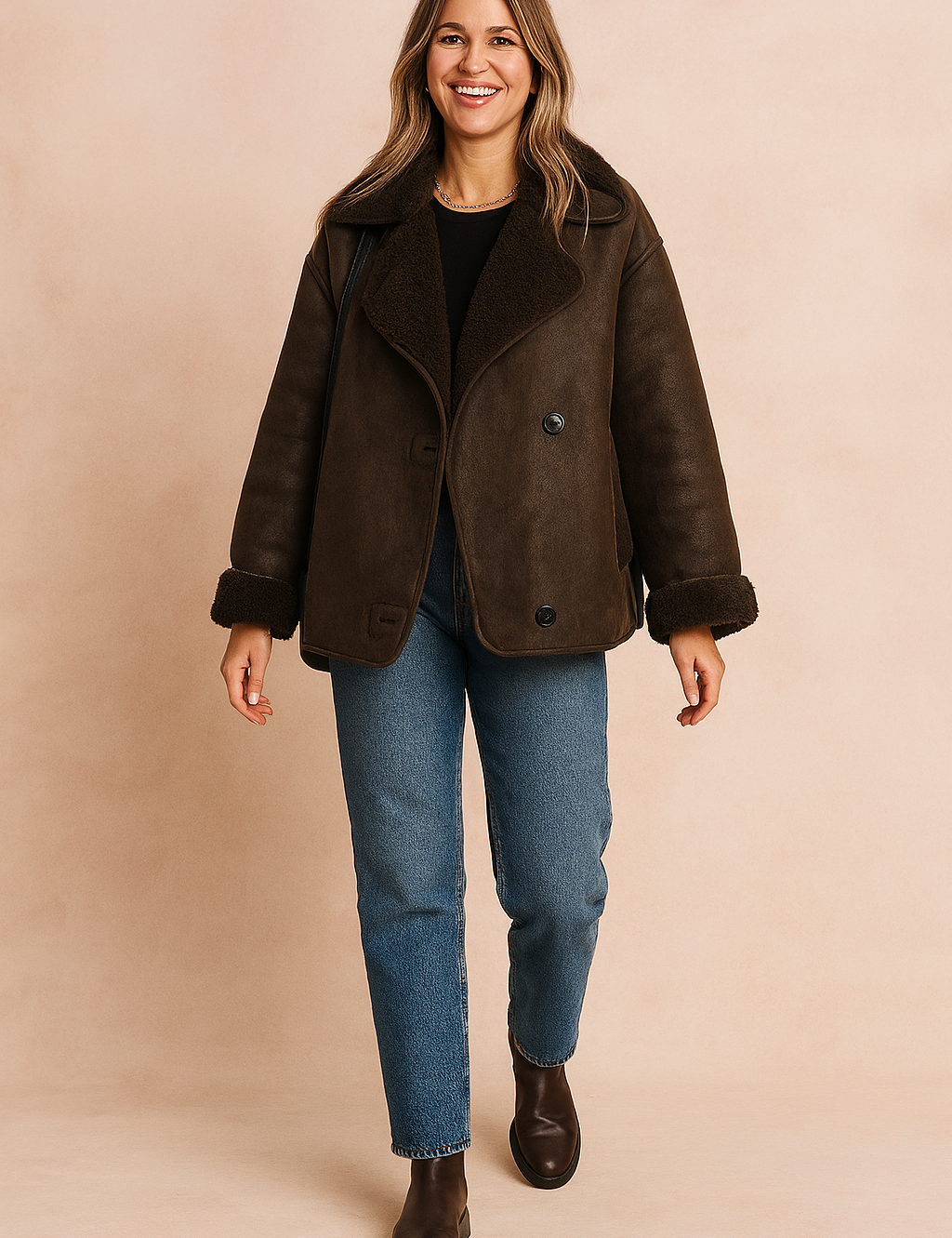 Dark brown shearling-lined aviator jacket featuring oversized lapels, double-breasted button closure, and rolled cuffs, paired with straight-cut medium blue jeans and dark leather ankle boots.
