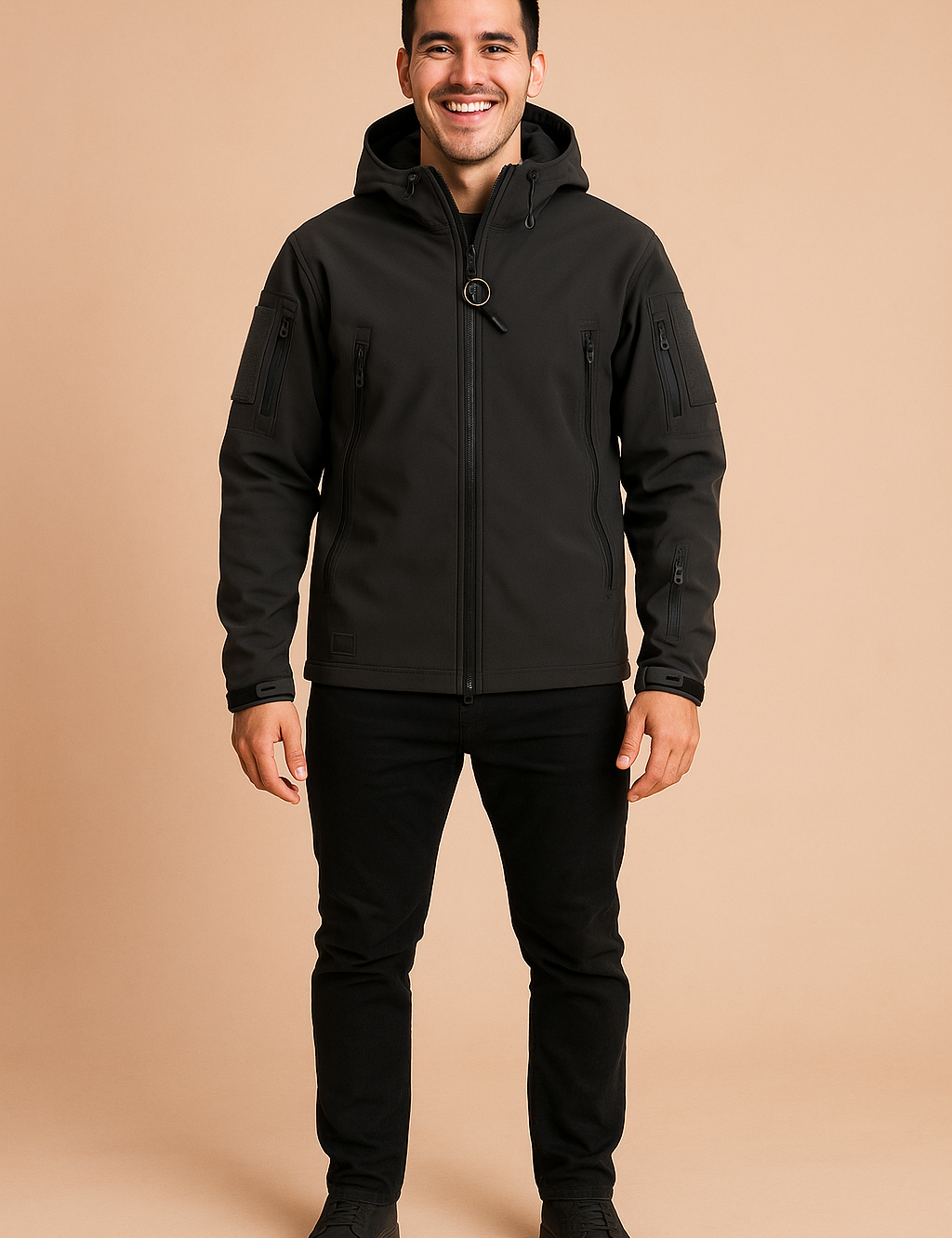 Men’s tactical dark charcoal hooded jacket with multiple secure zip pockets, reinforced elbow panels, and adjustable drawstrings—designed for both urban style and performance functionality.