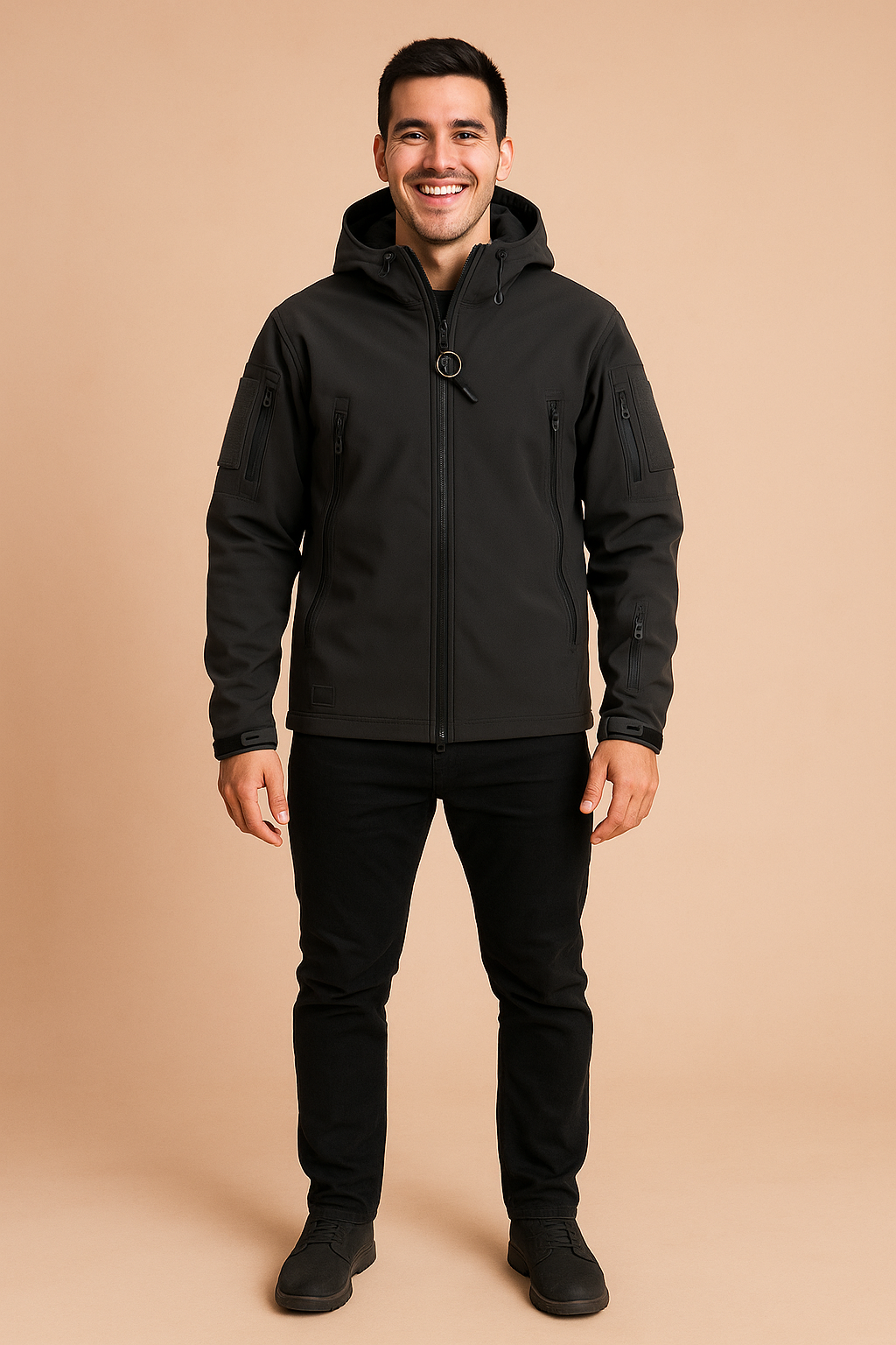 Men’s tactical dark charcoal hooded jacket with multiple secure zip pockets, reinforced elbow panels, and adjustable drawstrings—designed for both urban style and performance functionality.