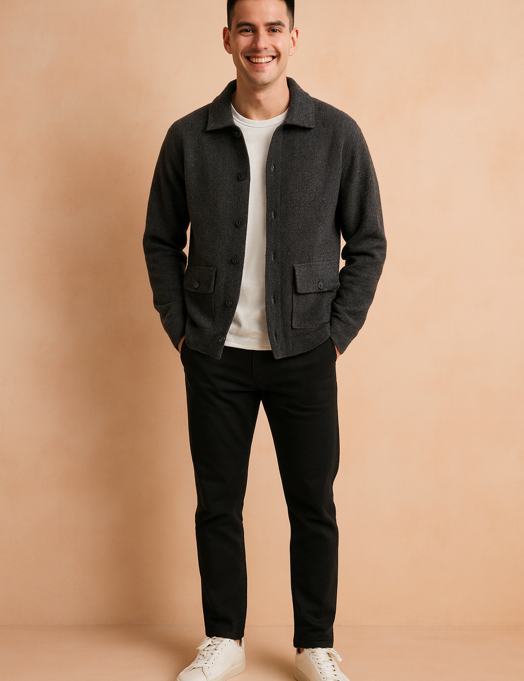 Dark gray wool cardigan with button-up front and flap pockets, styled over a white T-shirt with slim black trousers and white sneakers for a modern casual look.