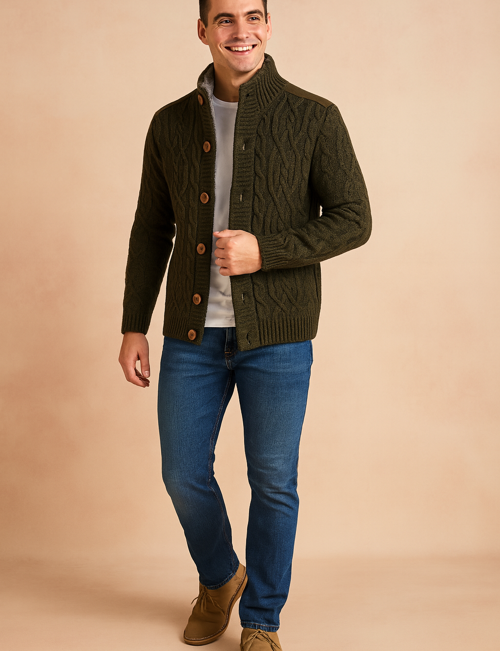 Men’s dark green knitted cardigan with cable knit pattern, button-up front, and soft fleece lining for warmth and comfort.