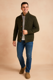 Men’s dark green knitted cardigan with cable knit pattern, button-up front, and soft fleece lining for warmth and comfort.