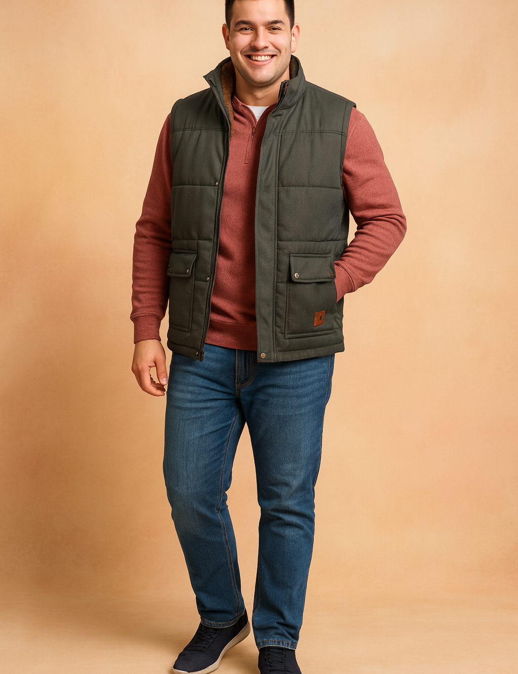 Dark green padded winter vest with front buttoned pockets and warm brown fur lining, styled over a casual long-sleeve top for outdoor comfort.